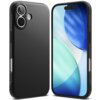 Czarne etui na telefon z teksturowaną powierzchnią, widoczne z tyłu i z przodu, z wycięciami na aparat i przyciski. Na ekranie telefonu wyświetlany jest abstrakcyjny wzór w odcieniach niebieskiego i zielonego.