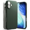 Ciemnozielone etui na telefon z wycięciami na aparat i przyciski, obok widoczny fragment telefonu z ekranem wyświetlającym abstrakcyjne, niebiesko-zielone kształty. Etui ma teksturowaną powierzchnię i otwory na kamerę oraz przyciski boczne.