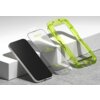 Na zdjęciu widoczne są trzy elementy: smartfon, przezroczysta osłona z napisem "RINGKE EASY SLIDE TEMPERED GLASS" oraz zielona ramka. Osłona posiada dodatkowe oznaczenia i instrukcje w kolorze żółtym.