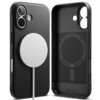 Czarne etui na telefon z widocznym okrągłym elementem magnetycznym oraz otworami na aparat i przyciski. Na wewnętrznej stronie etui znajduje się napis: "Ringke LIVE A BETTER DAY Made in Korea".