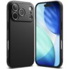 Czarne etui na telefon z trzema dużymi otworami na aparaty oraz mniejszymi na lampę błyskową i inne sensory, obok widoczny ekran telefonu z abstrakcyjną grafiką w odcieniach niebieskiego i zielonego. Na etui widoczny jest napis "RINGKE".