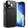 Czarne etui ochronne z teksturą, przeznaczone do telefonu z trzema dużymi otworami na aparaty i dodatkowymi mniejszymi otworami, obok którego znajduje się telefon z wyświetlaczem pokazującym abstrakcyjną grafikę w odcieniach niebieskiego i zielonego.