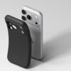 Czarne etui RINGKE Onyx do telefonu Apple iPhone 17 Pro jest pokazane obok srebrnego telefonu, z widocznymi wycięciami na aparaty i przyciski. Na etui znajduje się napis "RINGKE".