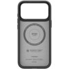 Czarne etui z wycięciem na aparat, z widocznym napisem "ENZO ARAMID" oraz okrągłym wzorem z tekstem "Magnetic Case for iPhone - MagFit - Patent 11.863.223". Na dole znajduje się logo "AEROCORE" z napisem "Made of genuine ARAMID" oraz logo "spigen" z infor