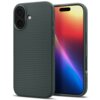 Zielone etui na telefon z teksturą w trójkątne wzory, widoczne na tle kolorowego ekranu. Na boku etui znajduje się napis "Spigen".
