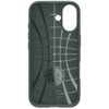 Etui w kolorze zielonym z geometrycznym wzorem i okrągłym logo z napisem "SPIGEN Liquid Air" oraz tekstem "Spigen Inc in Irvine, California Made in Korea www.spigen.com".