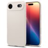Beżowe etui na telefon z geometrycznym wzorem w trójkąty, widoczne z przodu i z tyłu, z wycięciami na aparat i przyciski. Na boku etui znajduje się napis "SPIGEN".