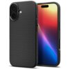Czarne, matowe etui na telefon z teksturą w trójkątne wzory, widoczne z przodu i z tyłu, z wycięciami na aparat i przyciski. Na boku etui znajduje się napis "SPIGEN".