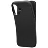 Czarne, matowe etui na telefon z teksturą w drobne trójkąty, posiada wycięcia na aparat i przyciski. Na boku etui widoczny jest napis "spigen".