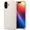 Na zdjęciu widoczne jest beżowe etui z geometrycznym wzorem, przeznaczone do telefonu Apple iPhone 17, obok którego znajduje się telefon z kolorowym wyświetlaczem. Na boku etui widnieje napis "SPIGEN".