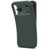 Zielone etui na telefon z teksturą w drobne trójkąty, z wycięciami na aparat i przyciski boczne. Na boku etui widoczne jest logo "SPIGEN".