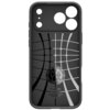 Czarne matowe etui z geometrycznym wzorem i okrągłym logo z napisem "Spigen" oraz tekstem "Liquid Air" poniżej. Dodatkowo widoczny jest napis: "Spigen Inc in Irvine, California Made in South Korea www.spigen.com".