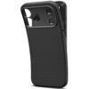 Czarne, matowe etui na telefon z teksturą w drobne trójkąty, posiada wycięcia na aparat i przyciski boczne. Na boku etui widoczne jest logo "spigen".