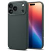 Zielone etui SPIGEN Liquid Air do Apple iPhone 17 Pro Max z trójkątnym wzorem na tylnej części, obok telefonu z kolorowym wyświetlaczem. Na etui widoczne są wycięcia na trzy obiektywy aparatu i przyciski boczne.