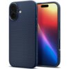 Granatowe etui SPIGEN Liquid Air do Apple iPhone 17 z geometrycznym wzorem w trójkąty, widoczne obok telefonu z kolorowym wyświetlaczem. Na etui znajduje się napis "spigen".