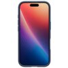 Na zdjęciu znajduje się granatowe etui na telefon z widocznym ekranem, na którym wyświetlany jest gradientowy wzór w odcieniach czerwieni, pomarańczu, fioletu i niebieskiego. Etui ma smukły design z wyraźnie zaznaczonymi przyciskami bocznymi.