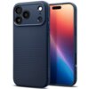Granatowe etui na telefon z trójkątnym wzorem na tylnej części, obok smartfona z kolorowym wyświetlaczem. Na etui widoczne są wycięcia na trzy obiektywy aparatu i logo "SPIGEN" na boku.