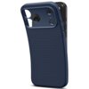 Granatowe etui na telefon z teksturą w drobne trójkąty, z wycięciami na aparat i przyciski. Na boku etui widoczne jest logo "spigen".