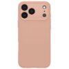 Różowe etui na telefon z teksturą w drobne trójkąty, posiada wycięcia na trzy obiektywy aparatu, lampę błyskową i dodatkowy otwór. Produkt ma zaokrąglone rogi i jest przeznaczony do modelu Apple iPhone 17 Pro Max.