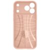Różowe etui na telefon z wycięciami na aparat i przyciski, ozdobione geometrycznym wzorem. Na dole widoczny jest napis: "spigen Liquid Air Spigen Inc in Irvine, California Made in South Korea www.spigen.com".