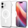 Przezroczyste etui na telefon z widocznym logo Apple i okrągłym wzorem MagSafe, obok którego znajduje się telefon z kolorowym ekranem. Na etui widoczny jest napis "Spigen".