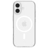 Przezroczyste etui na telefon z widocznym logo Apple i okrągłym wzorem MagSafe. Etui ma wycięcia na dwa aparaty i lampę błyskową.