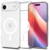 Przezroczyste etui na telefon z widocznym okręgiem MagSafe i logo Apple, obok którego znajduje się smartfon z kolorowym ekranem. Na etui widoczny jest napis "SPIGEN".