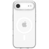 Przezroczyste etui na telefon z widocznym logo Apple i okrągłym wzorem MagSafe. Etui ma wycięcia na aparat i przyciski boczne.