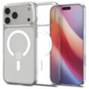 Przezroczyste etui na telefon z widocznym okrągłym wzorem MagSafe i logo jabłka, obok telefonu z kolorowym ekranem. Na etui znajduje się napis "SPIGEN".