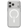 Przezroczyste etui na telefon z trzema dużymi otworami na aparaty oraz białym symbolem MagSafe i logo jabłka na środku. Produkt jest przeznaczony do modelu Apple iPhone 17 Pro Max.