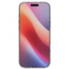 Przezroczyste etui na telefon z widocznym gradientowym tłem w odcieniach pomarańczowego, różowego i fioletowego. Etui ma wycięcia na przyciski i porty urządzenia.