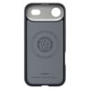Etui w kolorze czarnym z wycięciami na aparat i logo "Spigen" na dole. Na środku znajduje się okrągły wzór z napisem "Magnetic Case for iPhone • MagFit • Patent 11-862-323" oraz "Spigen Inc in Irvine California".