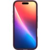 Na zdjęciu znajduje się smartfon w burgundowym etui z wyświetlaczem pokazującym gradientowy wzór w odcieniach czerwieni, pomarańczu, fioletu i niebieskiego. Etui ma zaokrąglone krawędzie i wycięcie na aparat oraz głośnik.