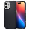 Czarne etui na telefon z widocznym logo producenta i napisem "spigen" na boku, obok telefonu z kolorowym wyświetlaczem. Etui ma wycięcia na aparat i przyciski boczne.