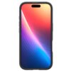 Czarny futerał na telefon z kolorowym gradientowym tłem na ekranie, przechodzącym od czerwieni przez fiolet do niebieskiego, z widocznymi falistymi liniami. Produkt to etui SPIGEN Nano Pop Mag MagSafe do Apple iPhone 17.