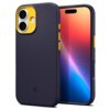 Granatowe etui na telefon z żółtymi akcentami wokół aparatu i przycisków, obok którego znajduje się telefon z kolorowym wyświetlaczem. Na etui widoczne jest logo producenta.