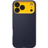 Granatowe etui na telefon z żółtym obramowaniem wokół aparatu, posiada trzy duże otwory na obiektywy oraz mniejsze na lampę błyskową i mikrofon. Na dole etui widoczne jest logo producenta.