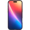 Granatowe etui na telefon z kolorowym gradientowym wzorem na ekranie, przechodzącym od czerwieni przez fiolet do niebieskiego. Etui posiada żółte przyciski boczne.