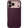 Burgundowe etui na telefon z trzema dużymi otworami na aparaty i mniejszymi na lampę błyskową oraz inne sensory. Na dole etui widoczne jest subtelne logo producenta.