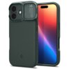 Zielone etui na telefon z widocznym logo Spigen, posiada przesuwane osłony na aparaty oraz tekst "Optik Armor MagFit" i "AirCusion Technology". Obok etui znajduje się telefon z kolorowym wyświetlaczem.