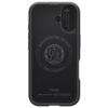 Czarne etui z okrągłym wzorem i napisem "ALIQUID TIBI VIS" oraz logo "spigen" na środku. Na etui widnieje tekst: "Magnetic Case for iPhone • MagFit • Patent 11.062.323" oraz "Optik Armor MagFit | Spigen Inc in Irvine, California | Made in China | www.spig