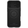 Czarne etui na telefon z okrągłym wzorem i napisem "Magnetic Case for iPhone - MagFit - Patent 11-862-224" oraz logo "spigen" na dole. Widoczne są także napisy "Optik Armor MagFit" i "Spigen Inc. in Irvine California - Made in China".
