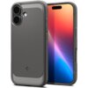 Szare etui na telefon z widocznymi dwoma aparatami i lampą błyskową, ozdobione teksturą przypominającą włókno węglowe na górze i dole. Obok etui znajduje się telefon z kolorowym wyświetlaczem, a na etui widoczne jest logo producenta.