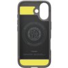 Szare etui z żółtymi akcentami, przeznaczone do iPhone'a, z widocznym okrągłym wzorem i tekstem: "Magnetic Case for iPhone • MagFit • Patent 1.7665223" oraz "Spigen Inc in Irvine California". Na dole znajduje się logo "spigen" oraz napis "Rugged Armor Mag