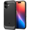 Czarne matowe etui z teksturą i karbonowymi akcentami, przeznaczone do telefonu, z widocznymi wycięciami na aparat i przyciski. Na etui znajduje się logo producenta w dolnej części.