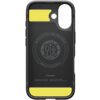 Czarne etui z żółtymi akcentami, przeznaczone do iPhone'a, z widocznym okrągłym wzorem i tekstem: "Magnetic Case for iPhone • MagFit • Patent 1.7665223" oraz "Spigen Inc in Irvine California". Na dole znajduje się napis "Rugged Armor MagFit" oraz informac