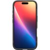 Czarny matowy telefon w etui z wyświetlaczem pokazującym gradientowy wzór w odcieniach czerwieni, pomarańczu, fioletu i niebieskiego. Na górze ekranu znajduje się niewielkie wycięcie na aparat.
