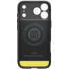 Czarne matowe etui z wycięciami na aparat i logo "Spigen" na dole, z napisem "Rugged Armor MagFit" oraz informacją o produkcji w Irvine, California. Na środku widoczny jest okrągły wzór z napisem "ALIQUID TIBI VIS" i numerem patentu "11-863-223".