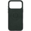 Ciemnozielone etui na telefon z dużym otworem na aparat, posiada wytłoczony okrągły wzór z napisem oraz logo "spigen" na dole. Na dole widnieje napis: "Silicone Fit MagFit I Designed by Spigen Inc in California I Made in South Korea".