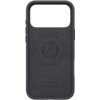 Czarne etui z wycięciem na aparat, z widocznym logo "spigen" oraz napisem "Silicone Fit MagFit" na dole. Na środku znajduje się okrągły wzór z tekstem "Designed for Apple iPhone - MagFit - Patent Pending - California USA".